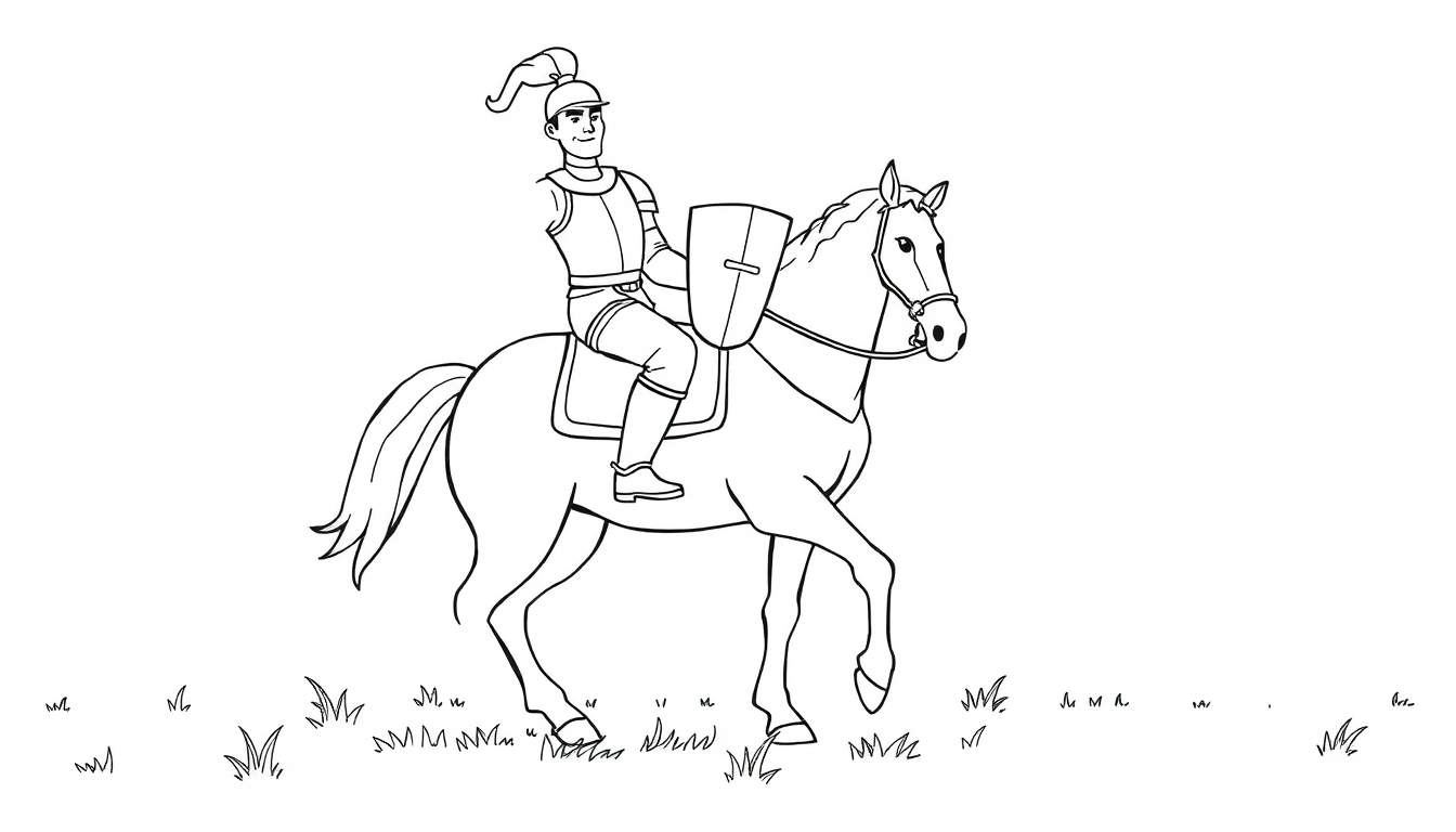 Un caballero valiente en su caballo, listo para colorear con la placa de color.
