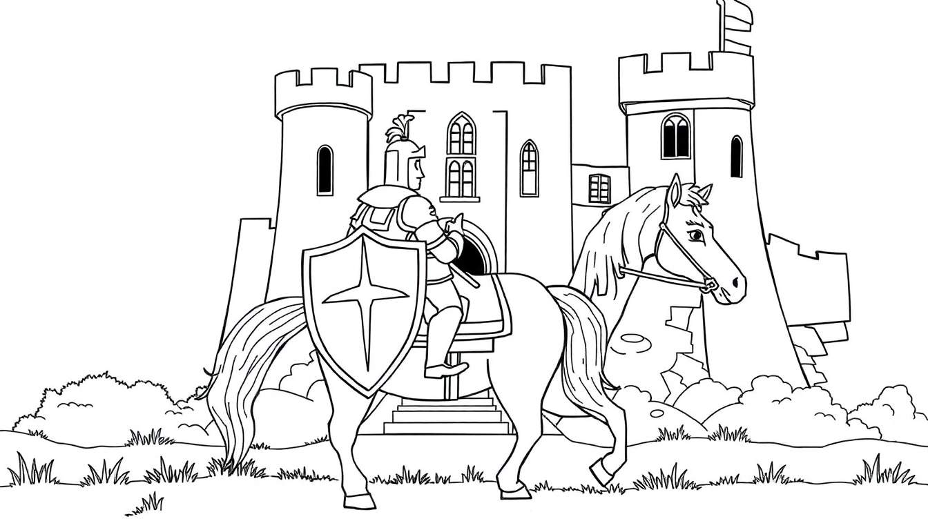 Placa de color de un caballero en un caballo delante de un castillo, listo para colorear.