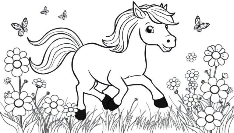 Placa de color de un caballo joven y alegre corriendo en un campo de flores con mariposas.