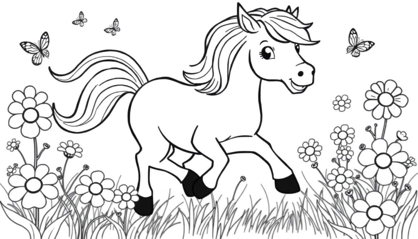Placa de color de un caballo joven y alegre corriendo en un campo de flores con mariposas.