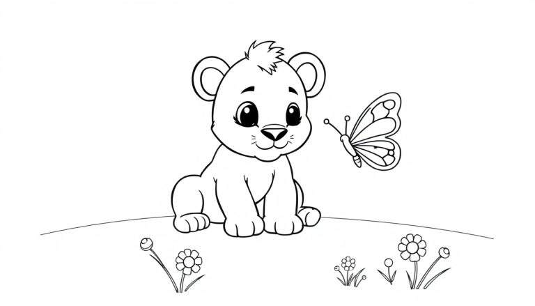 Placa de color de un cachorro de león mirando una mariposa en un campo florido.