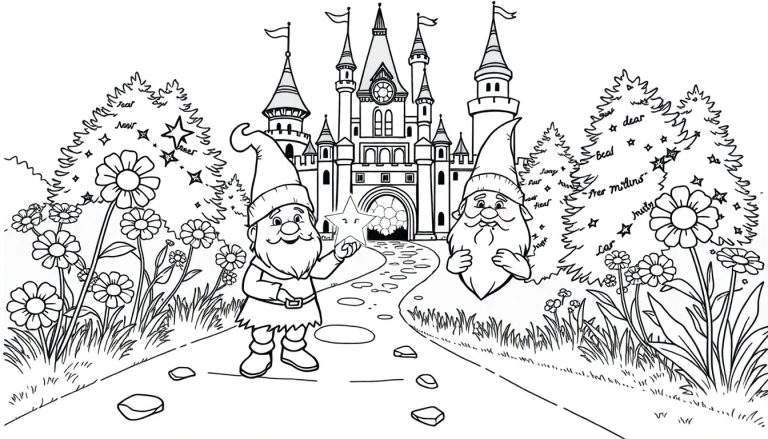 Una placa de color de un castillo de fantasía con un duende amigable.
