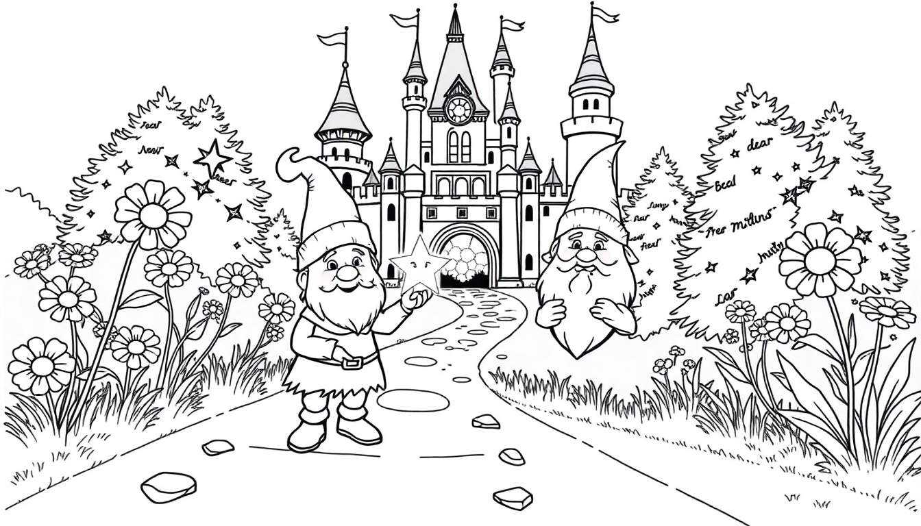 Una placa de color de un castillo de fantasía con un duende amigable.