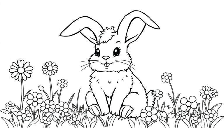 Una placa de color de un conejito tierno con orejas largas rodeado de flores.