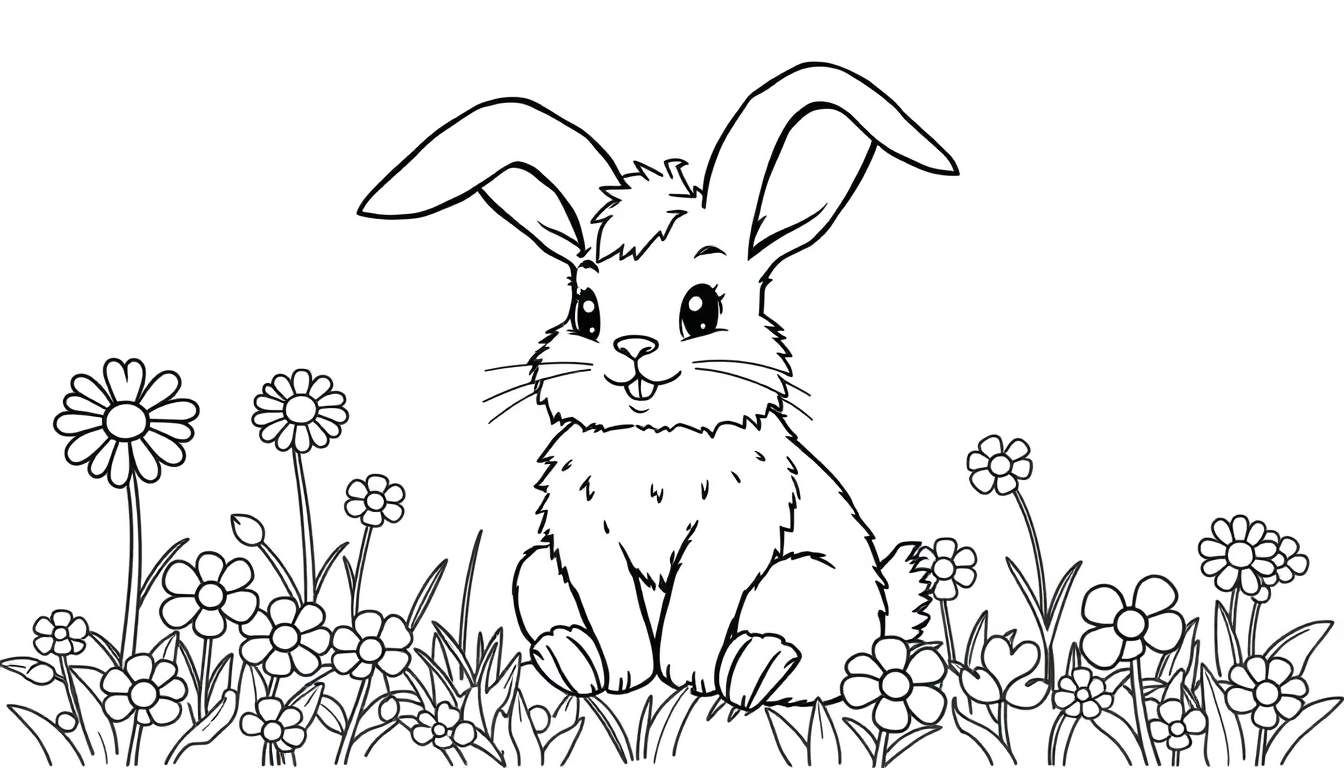 Una placa de color de un conejito tierno con orejas largas rodeado de flores.