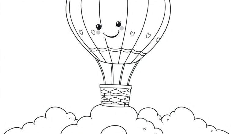 Placa de color de un globo aerostático con forma de corazón y cara sonriente sobre nubes.