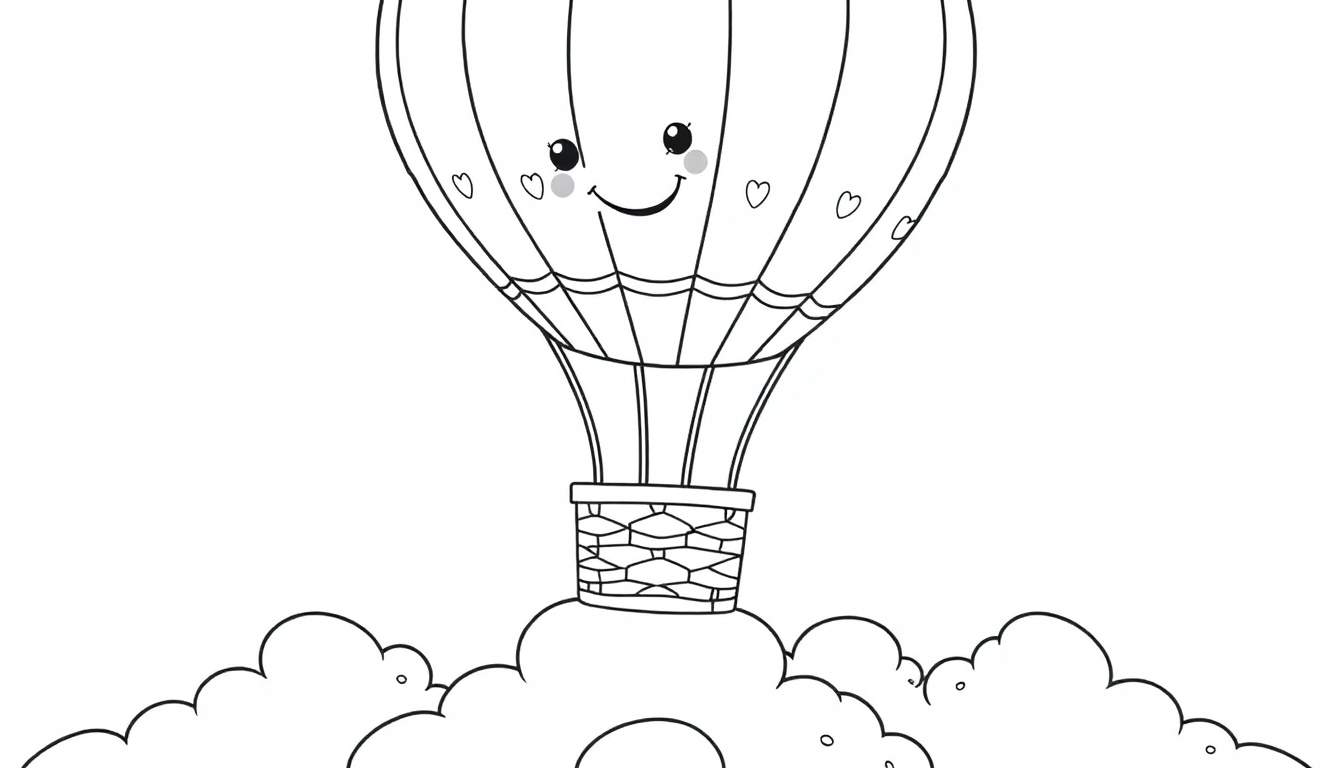 Placa de color de un globo aerostático con forma de corazón y cara sonriente sobre nubes.