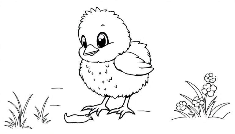 Una placa de color para colorear con un pollito buscando un gusano.
