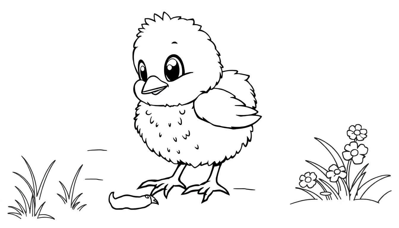 Una placa de color para colorear con un pollito buscando un gusano.