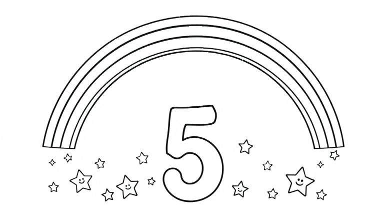 Placa de color con el número 5, arcoíris y estrellas sonrientes.