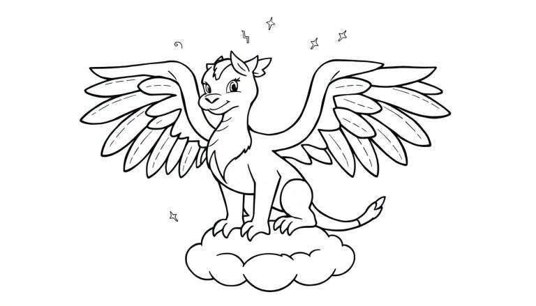 Placa de color de un dragón amigable sonriendo con alas sobre una nube, con estrellas encima.