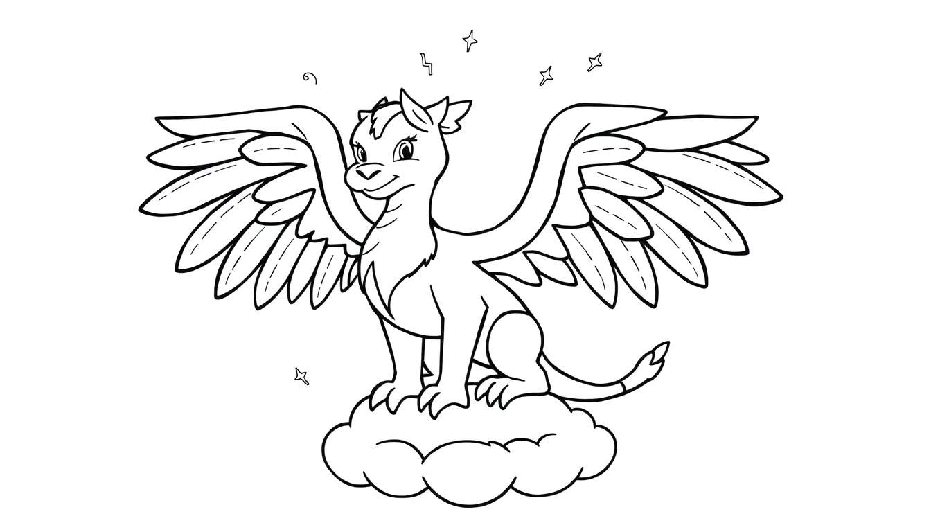 Placa de color de un dragón amigable sonriendo con alas sobre una nube, con estrellas encima.