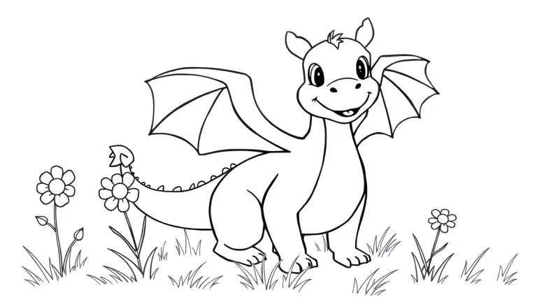 Placa de color de un dragón feliz en un prado con flores.