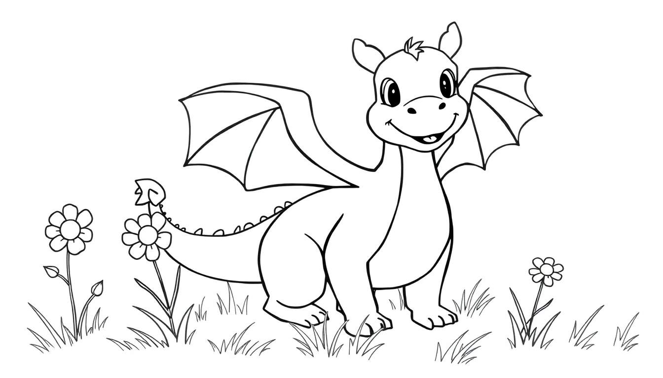 Placa de color de un dragón feliz en un prado con flores.