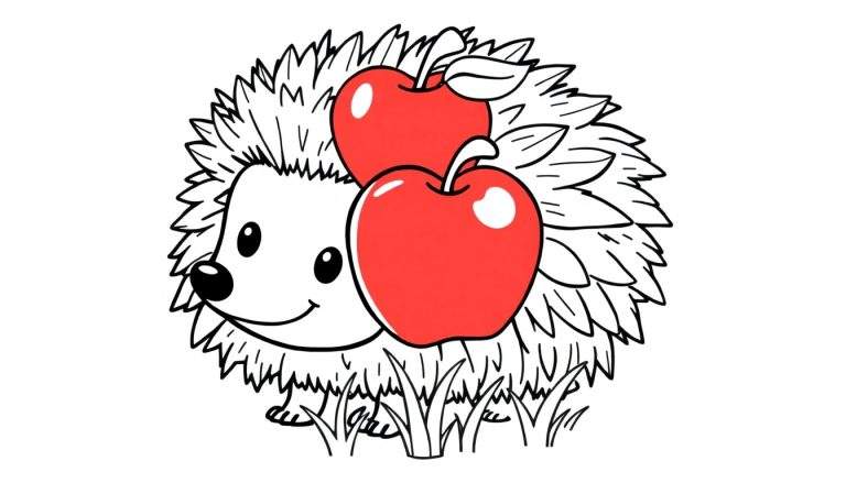 Placa de color: un erizo adorable llevando manzanas en su espalda.