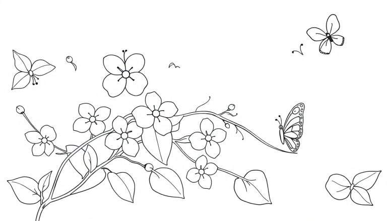 Placa de color de jasmín con mariposas, un dibujo para colorear para niños.