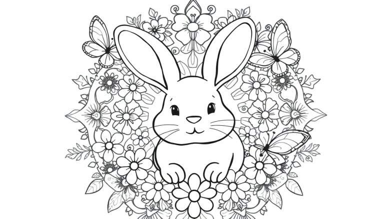 Placa de color: un lindo conejo blanco y negro rodeado de flores y mariposas.