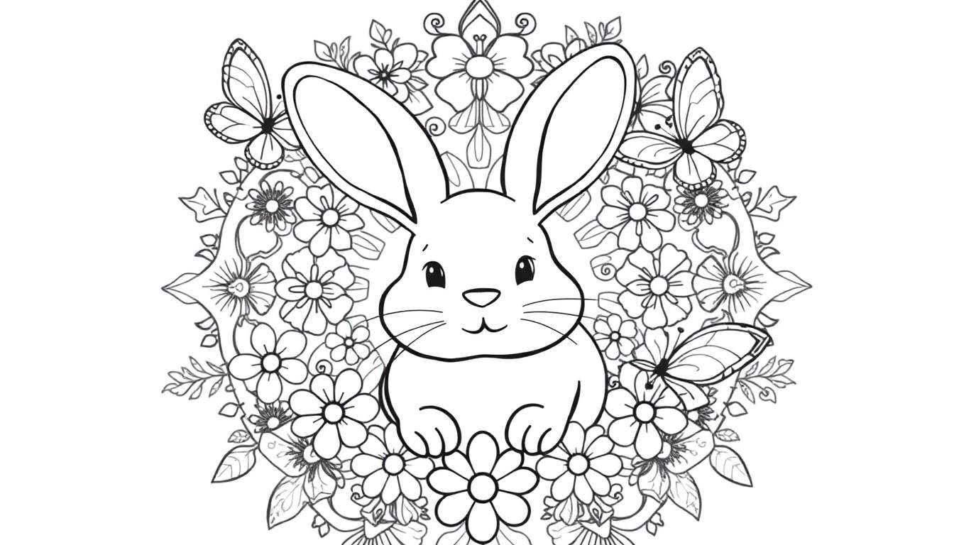 Placa de color: un lindo conejo blanco y negro rodeado de flores y mariposas.