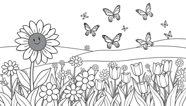 Placa de color de un jardín con flores sonrientes y mariposas.