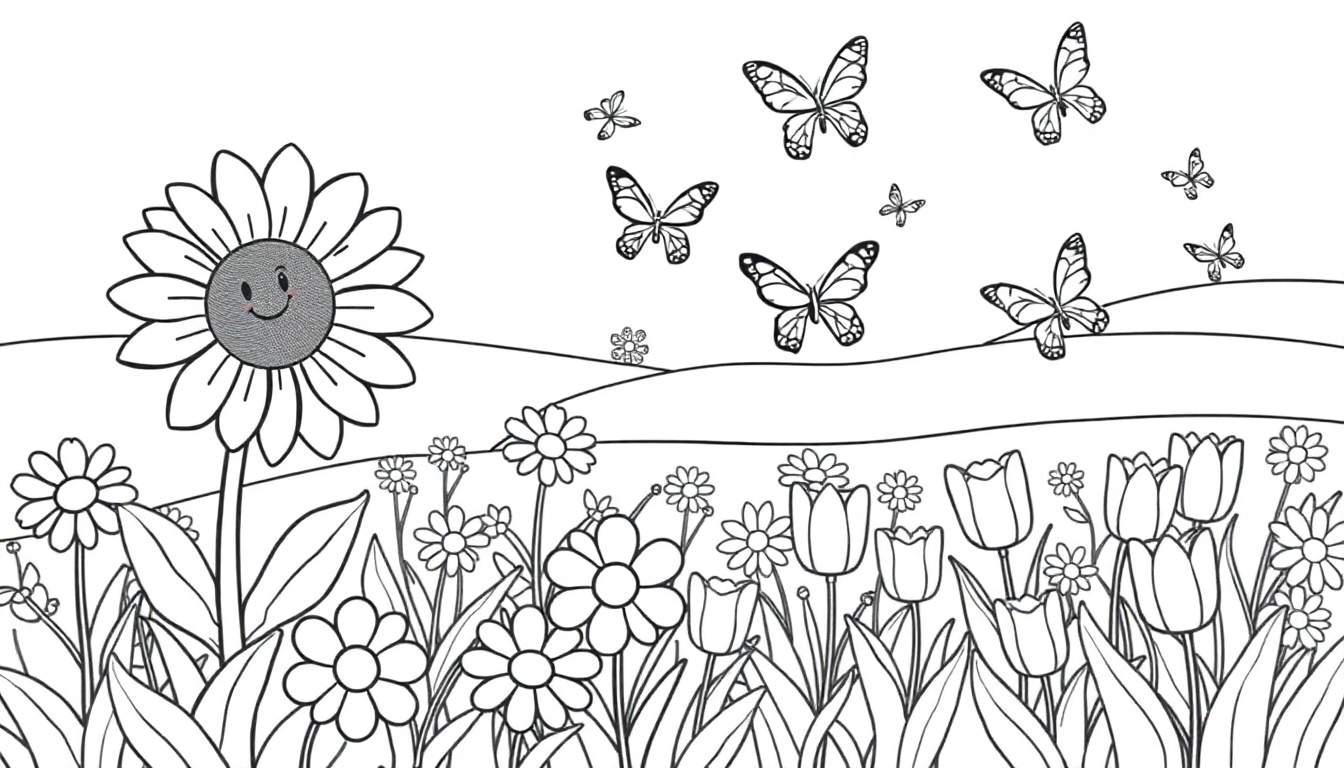 Placa de color de un jardín con flores sonrientes y mariposas.