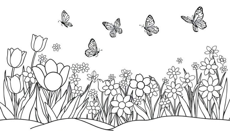 Placa de color de un jardín con flores y mariposas