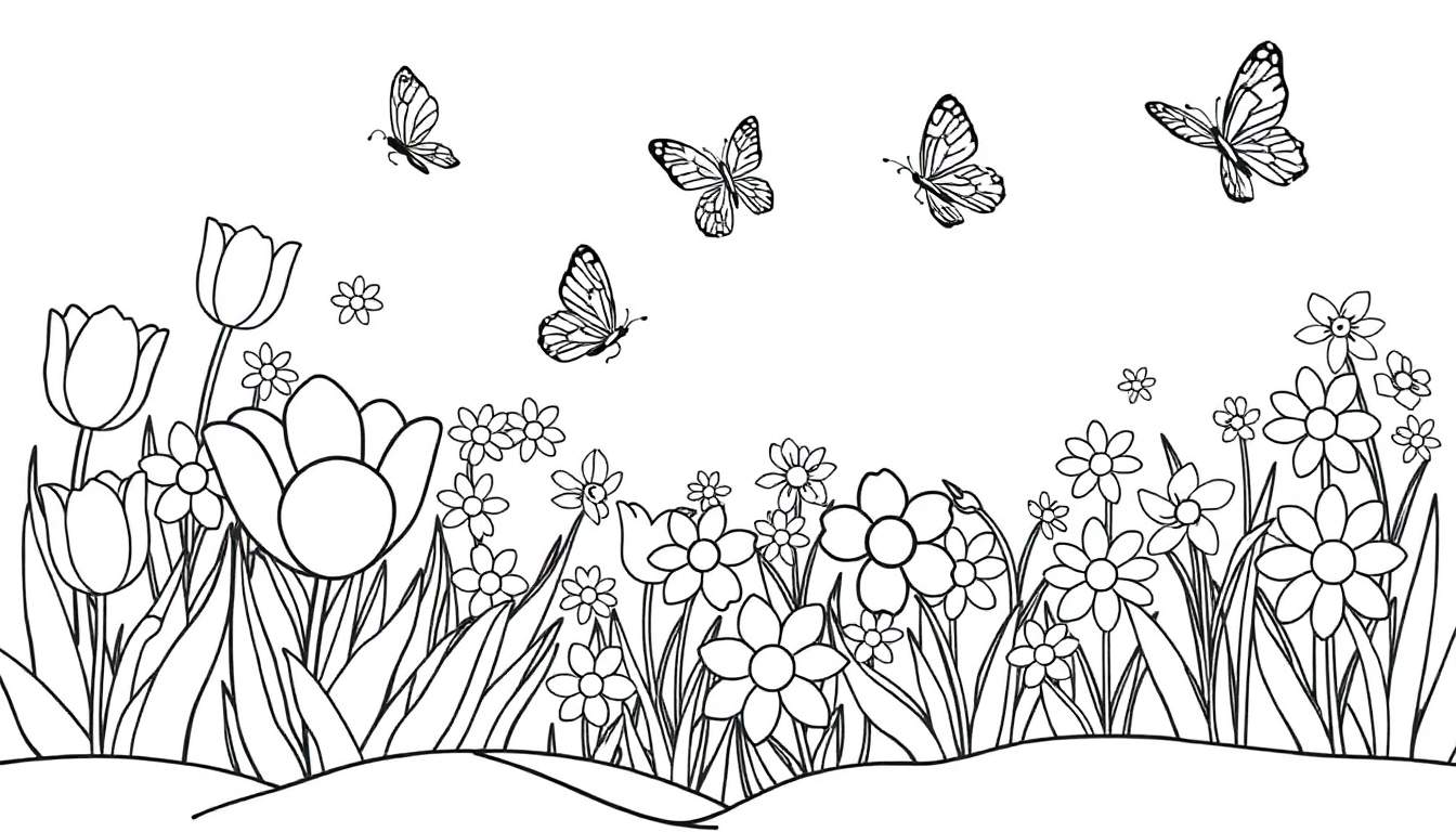 Placa de color de un jardín con flores y mariposas