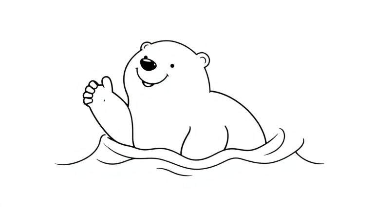 Placa de color de un oso polar saludando con la pata mientras nada.