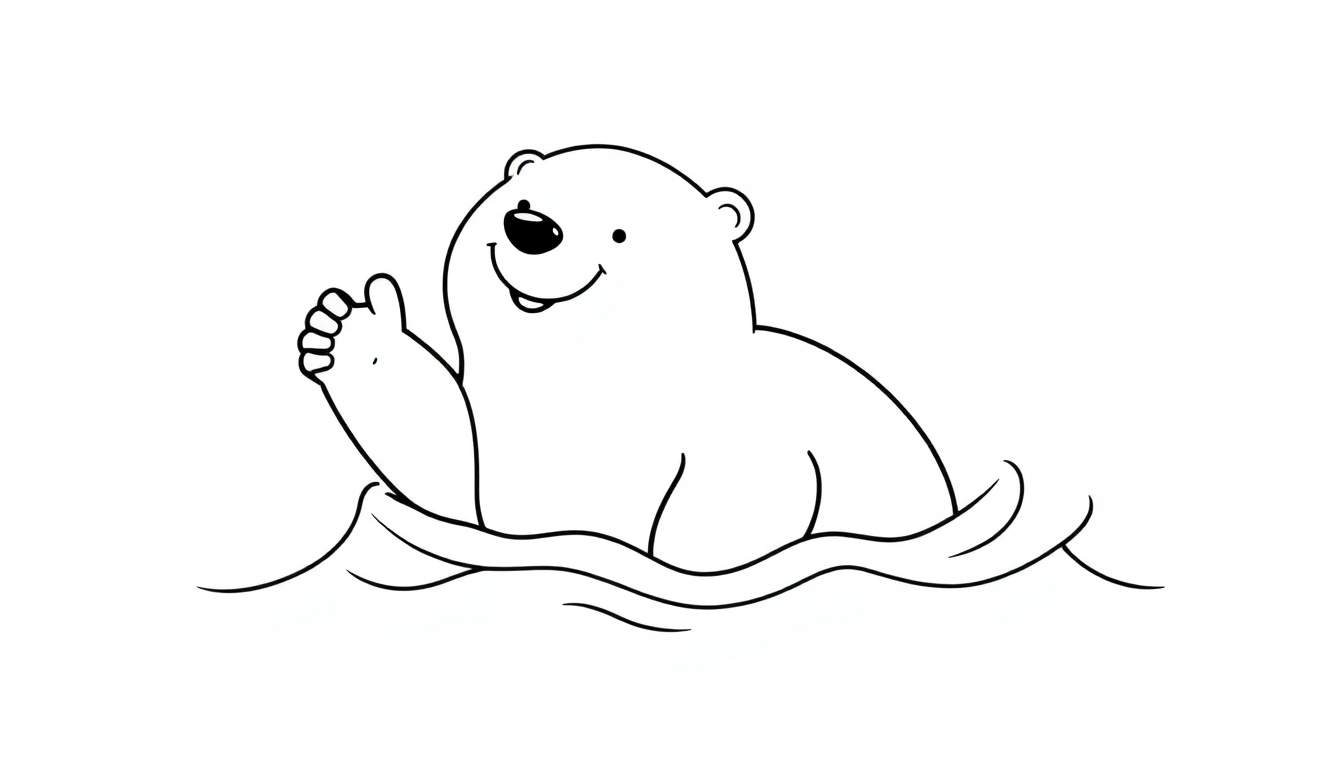 Placa de color de un oso polar saludando con la pata mientras nada.