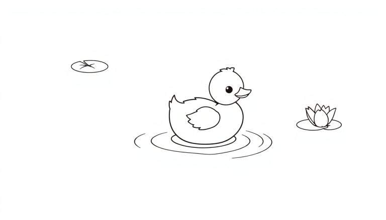 Una placa de color de un patito de goma en un estanque con lirios.