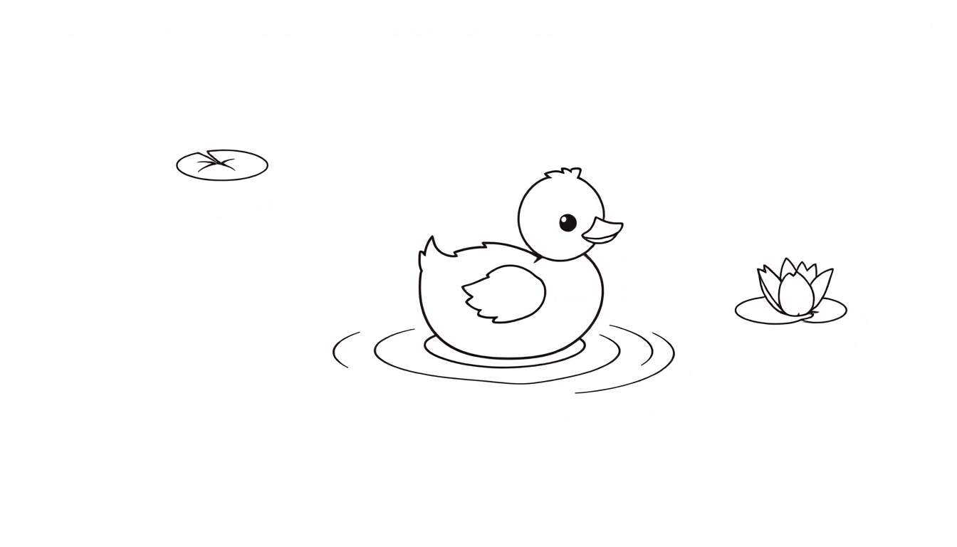 Una placa de color de un patito de goma en un estanque con lirios.