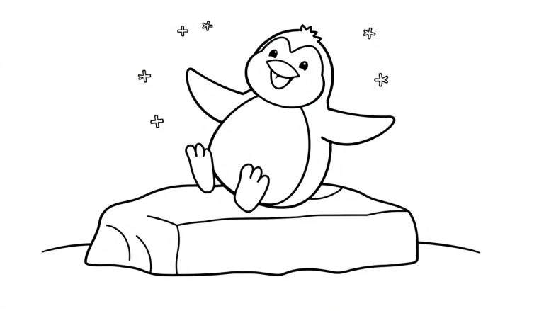 Placa de color de un pingüino feliz sobre hielo.