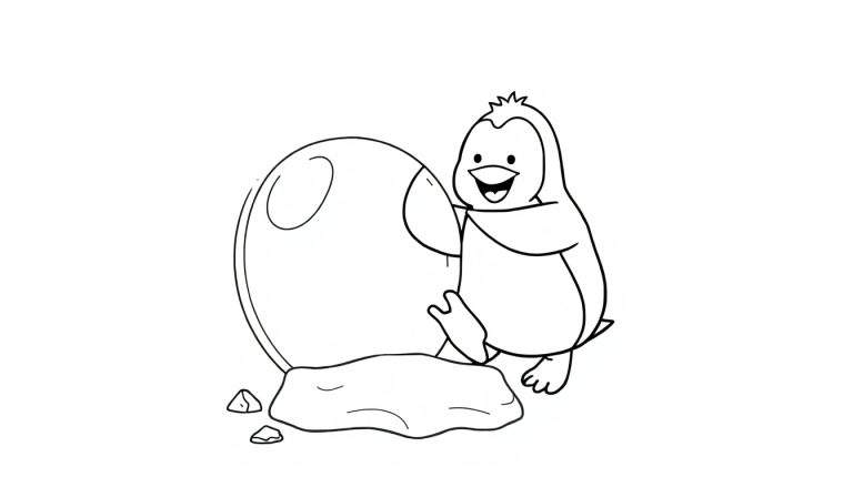 Placa de color: un pingüino sonriente con un huevo grande a su lado.