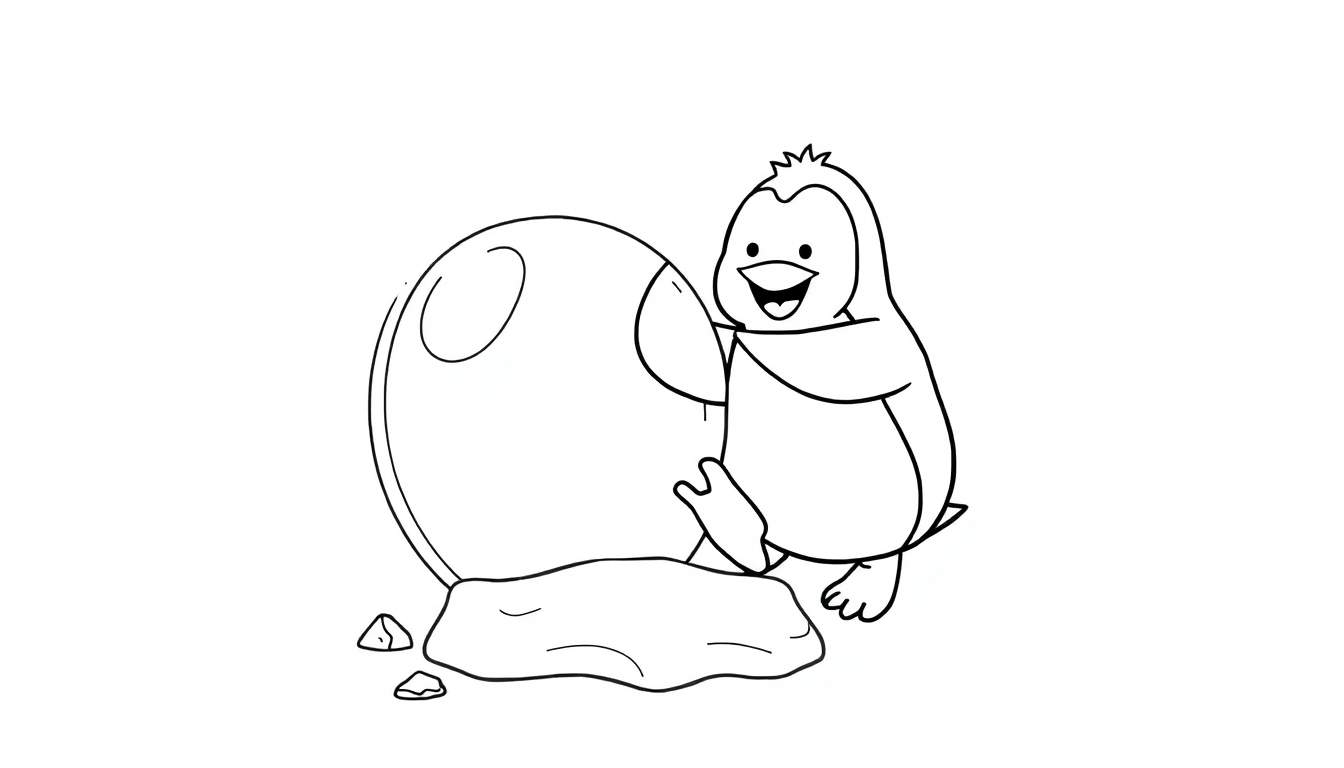 Placa de color: un pingüino sonriente con un huevo grande a su lado.