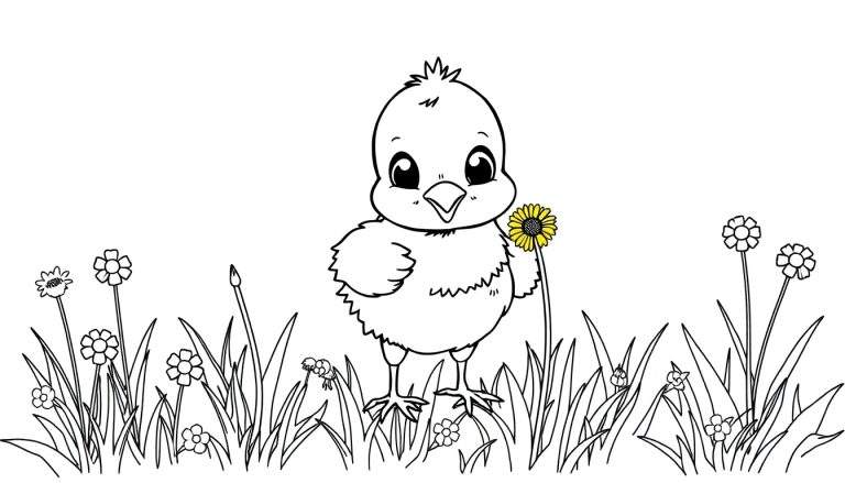 Placa de color de un pollito tierno con ojos grandes jugando en un prado con flores.
