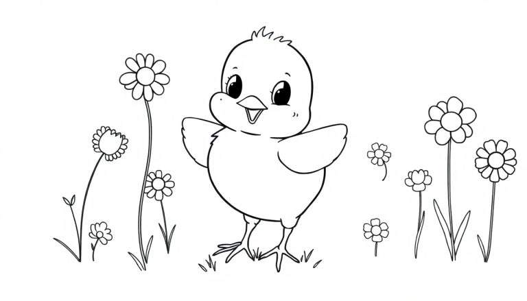 Placa de color de un pollito sonriente rodeado de flores.
