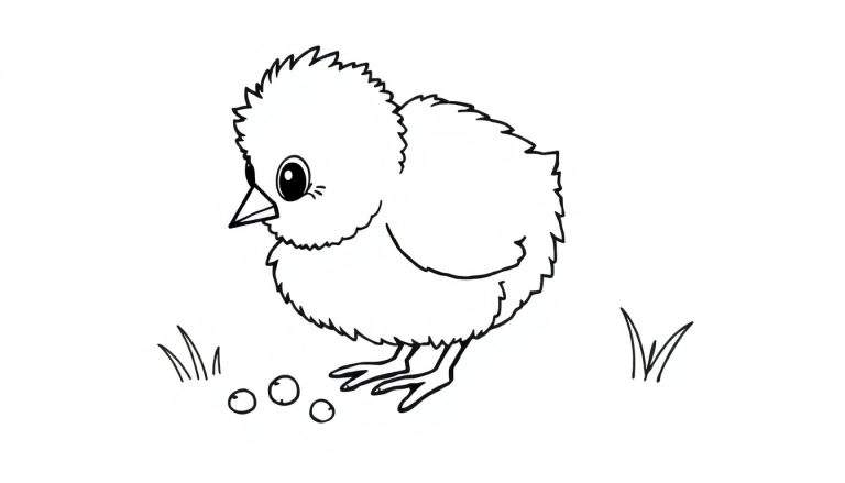 Placa de color de un pollito blanco con un pico afilado y un ojo redondo, picoteando semillas en la hierba.