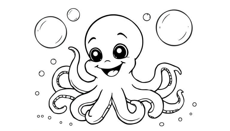 Placa de color de un pulpo sonriente con burbujas.