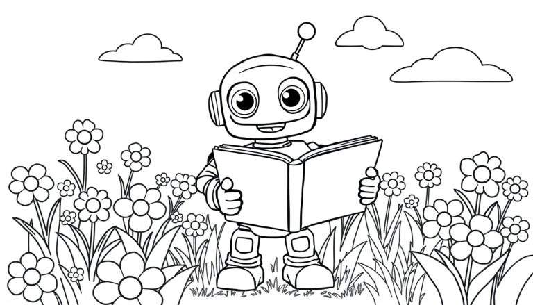 Placa de color de un robot amigable leyendo un libro en un campo de flores.