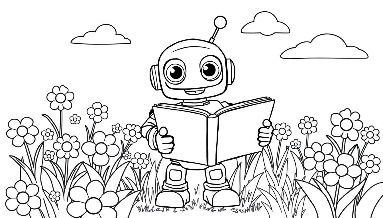 Placa de color de un robot amigable leyendo un libro en un campo de flores.
