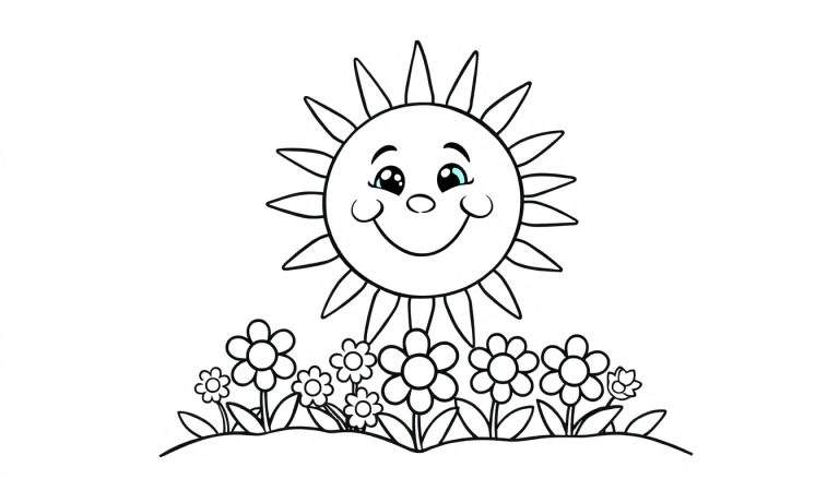 Placa de color de un sol sonriente levantándose sobre flores.