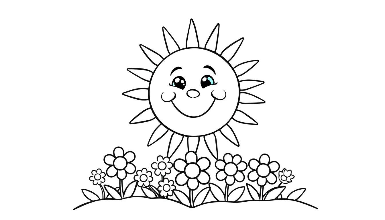 Placa de color de un sol sonriente levantándose sobre flores.