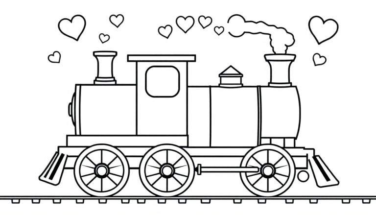 Placa de color de una locomotora de vapor con corazones, lista para colorear.