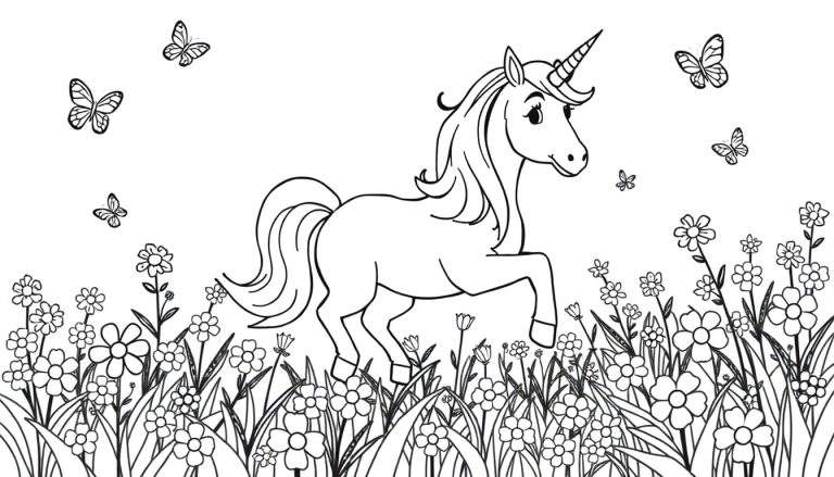 Placa de color de un unicornio amigable en un campo florido.