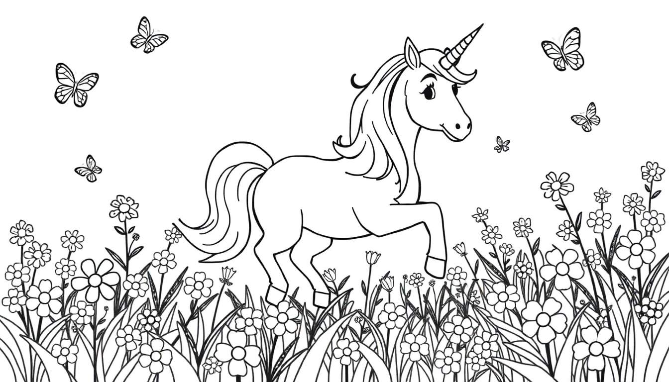 Placa de color de un unicornio amigable en un campo florido.