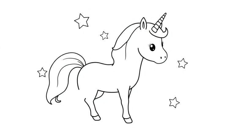 Placa de color de un unicornio soñador rodeado de estrellas brillantes.