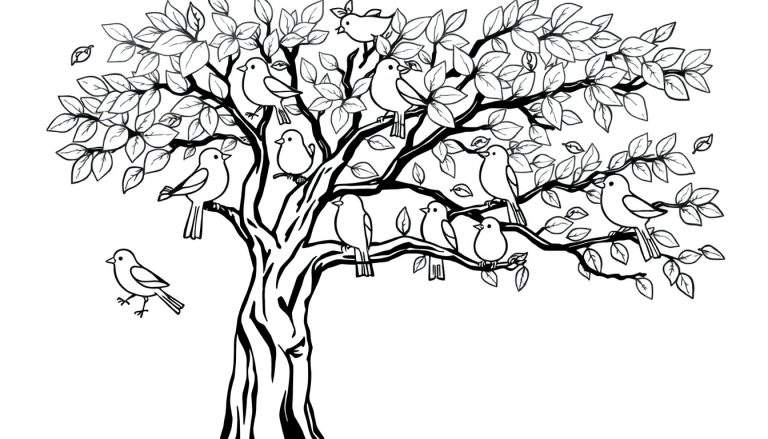 Placa de color de un árbol con muchos pájaros cantando.