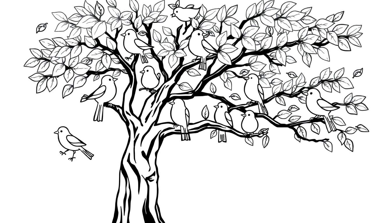 Placa de color de un árbol con muchos pájaros cantando.