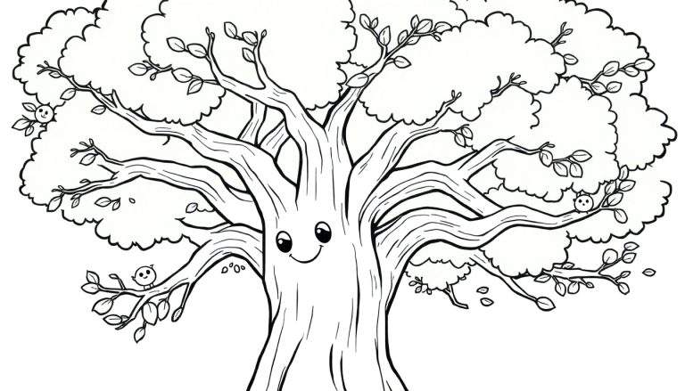 Árbol de colorear con cara sonriente y pájaros, listo para la placa de color.