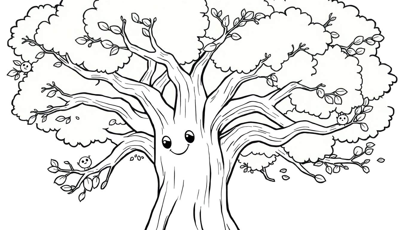 Árbol de colorear con cara sonriente y pájaros, listo para la placa de color.