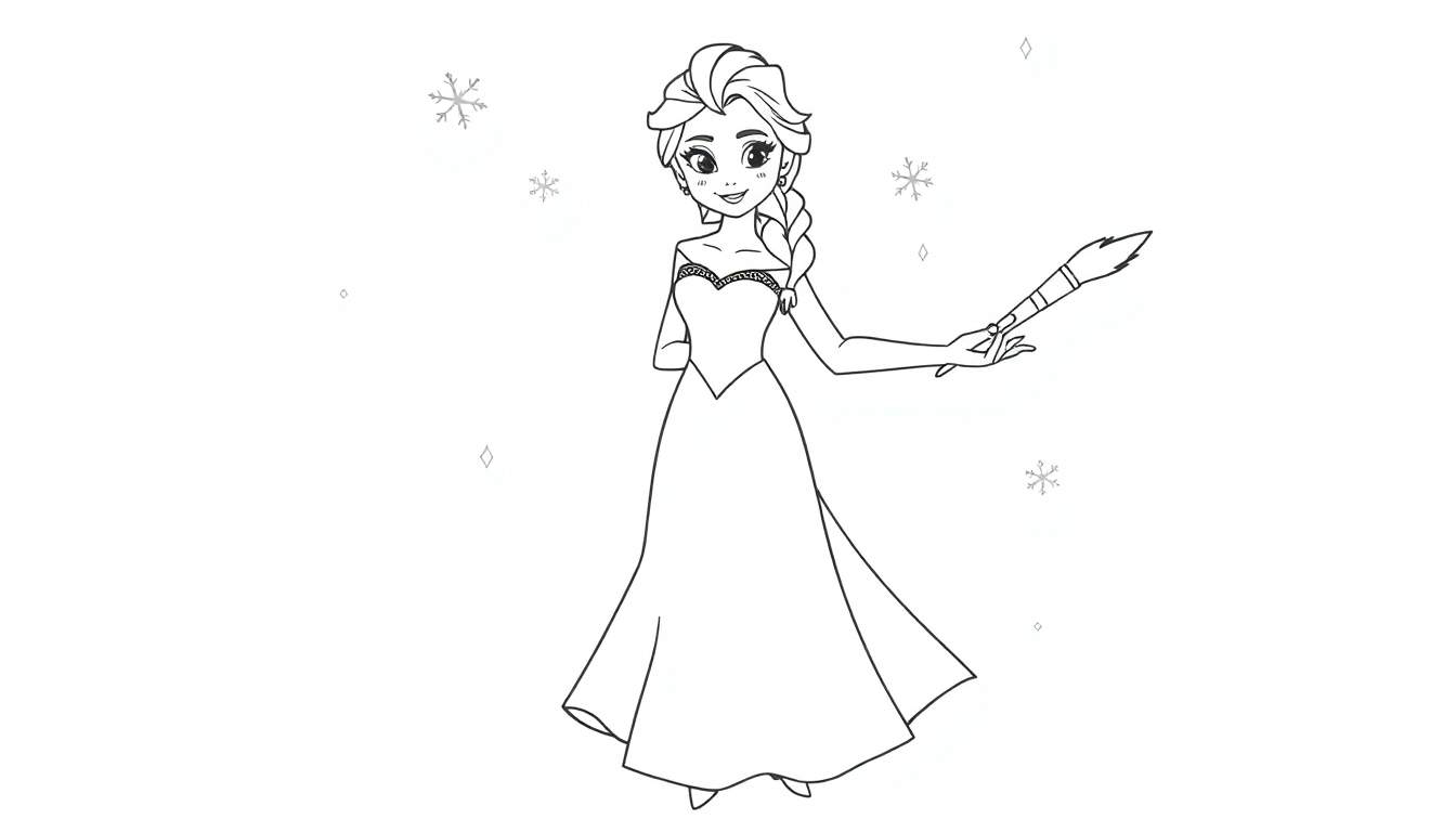 Elsa lista para pintar con su vestido de hielo, dibujo de placa de color para colorear.